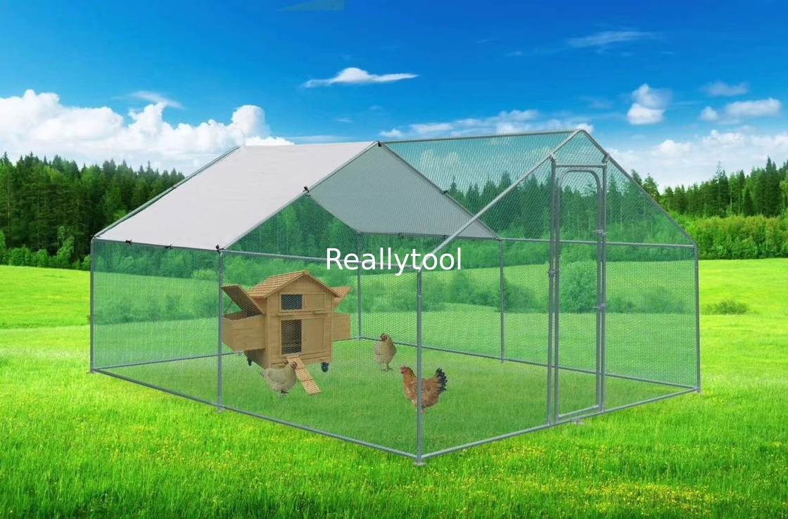 DIY Walk in Chicken Coop Chicken Run Kennel Chicken cage with Silver Waterproof Cover 4x3m