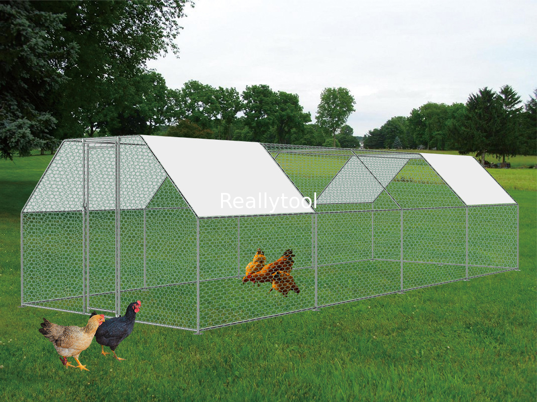 Metal Chicken Coop with Run Walk in Chicken Cage Poultry Habitat Supplies with Waterproof and Anti-Ultraviolet Cover